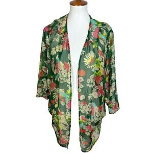 Tulle Sheer Chiffon Tropical Floral Kimono Cover Up Size L